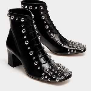 NWOT Zara Black Shiny Ankle Boots with Studs